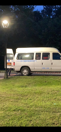 A white van parked in a grassy area at night.
