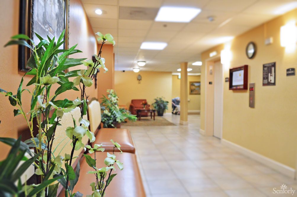 A brightly lit hallway features a comfortable waiting area with seating and decorative plants.