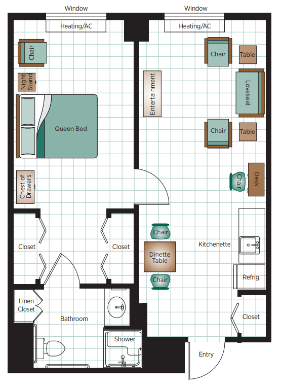 A detailed floor plan of a one-bedroom apartment showing the layout and furniture placement.