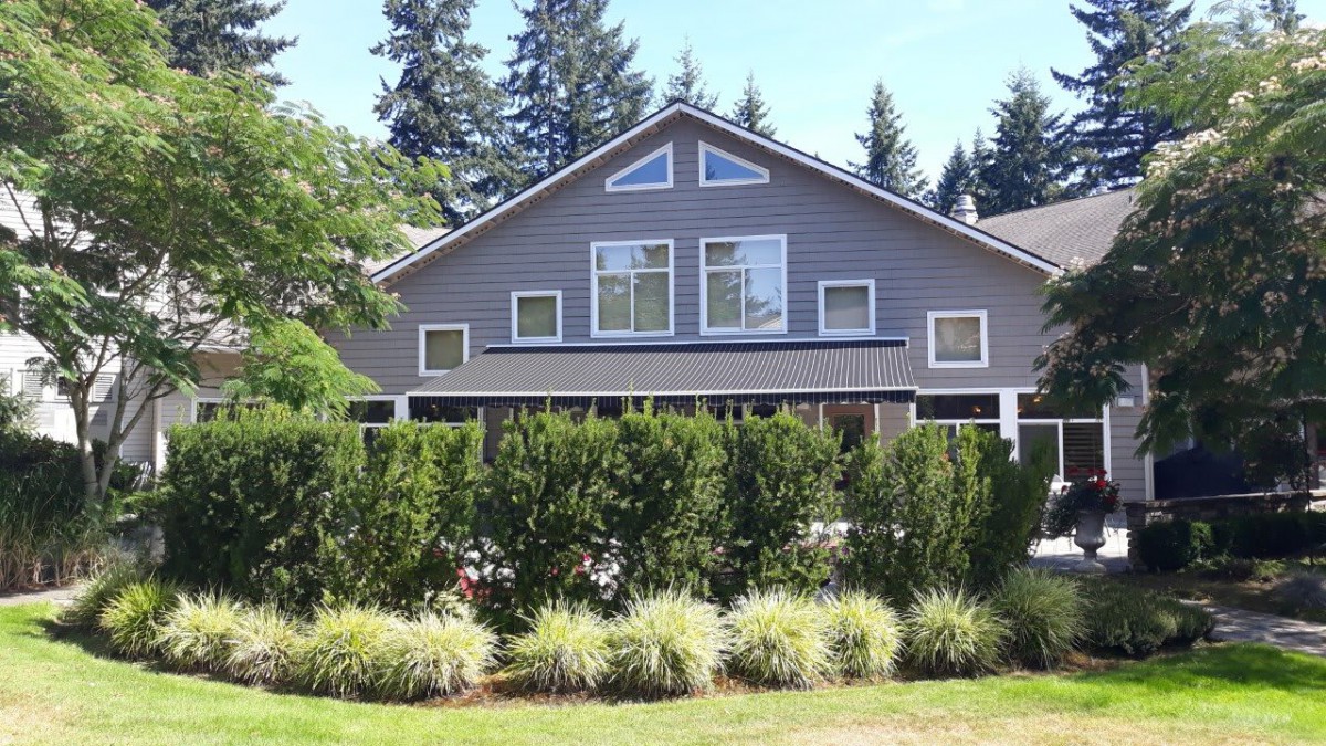 A suburban house surrounded by trees and shrubs on a sunny day.