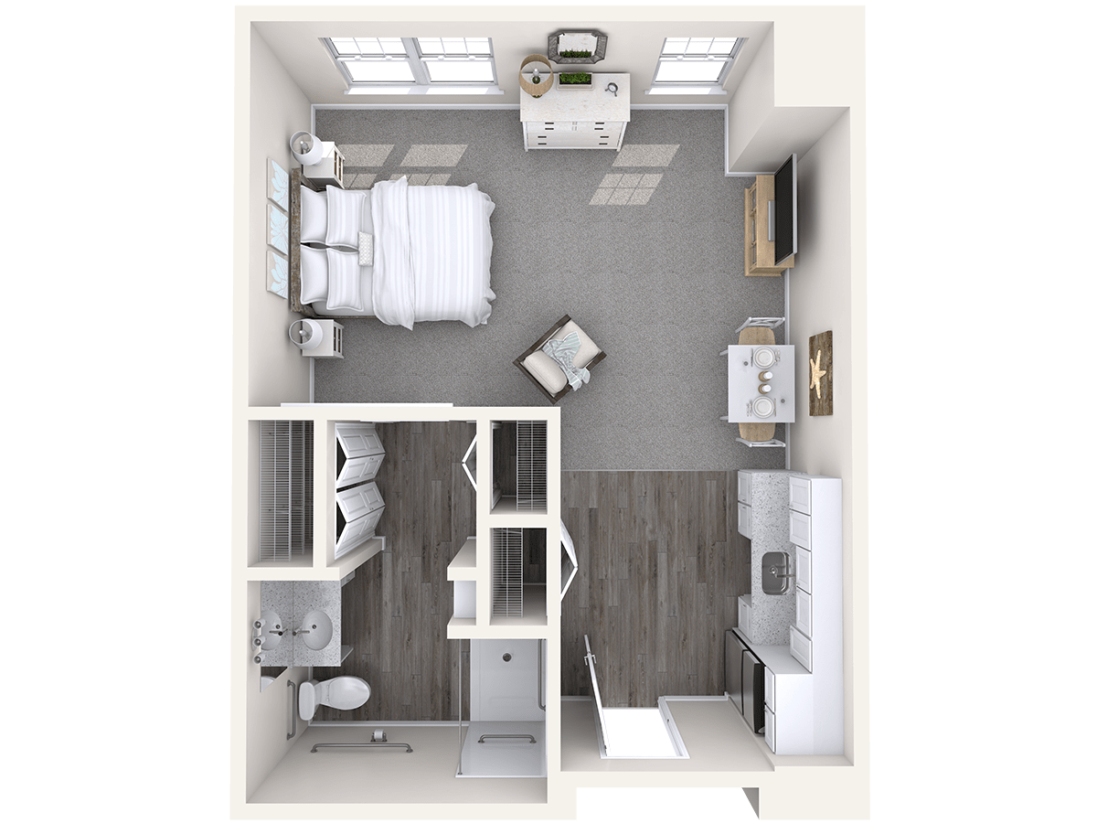 Studio apartment floor plan featuring a compact layout with integrated bedroom, kitchen, and bathroom areas.