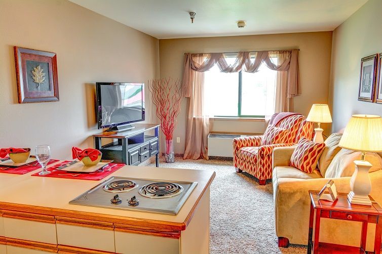 A cozy living room with modern decor, featuring a TV, patterned armchairs, and a large window.