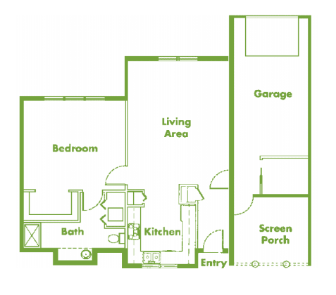 A simple floor plan featuring a bedroom, bathroom, kitchen, living area, garage, and screened porch.