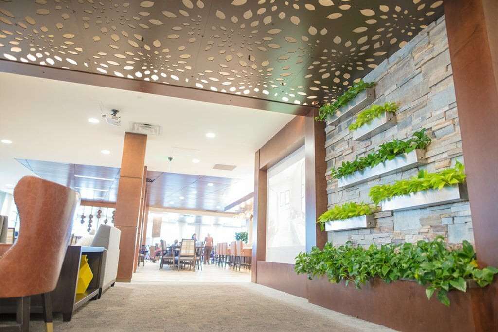 A modern restaurant interior featuring a green wall and decorative ceiling.