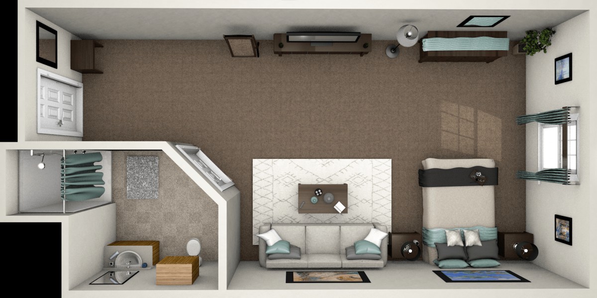 Top view of a modern living room floor plan with furniture and decor.