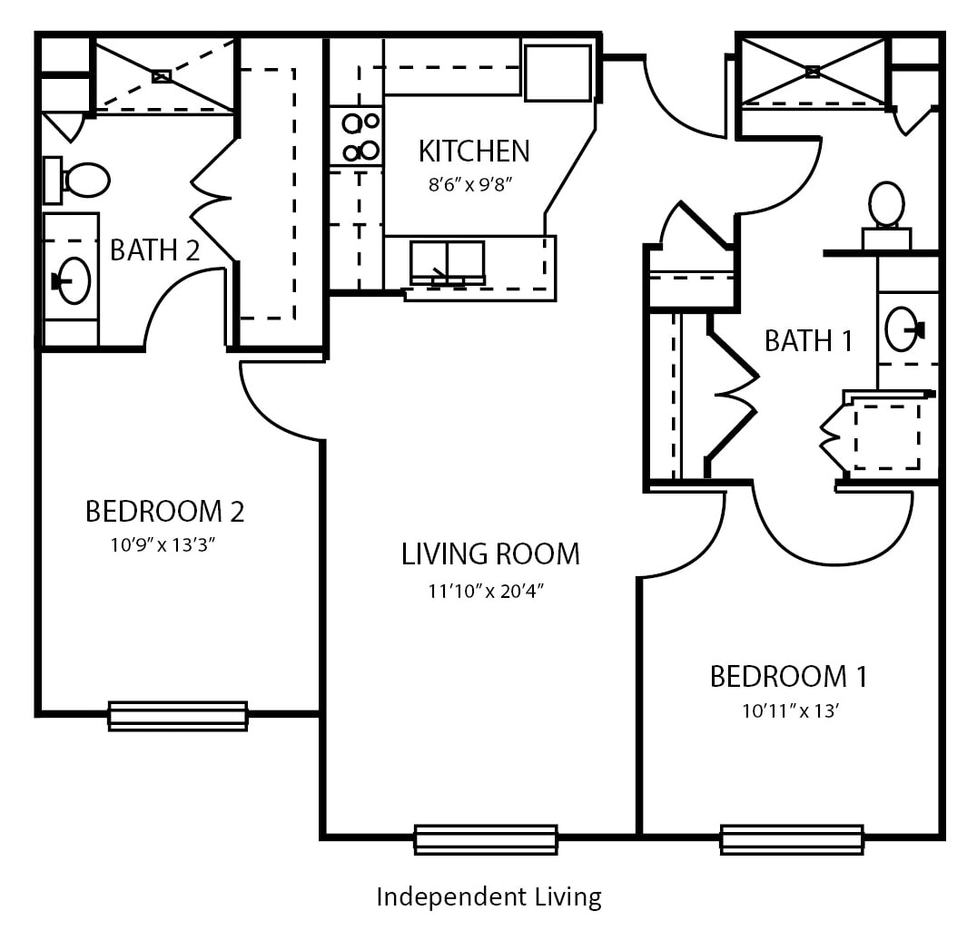 A floor plan of a two-bedroom apartment with a living room, kitchen, and two bathrooms.