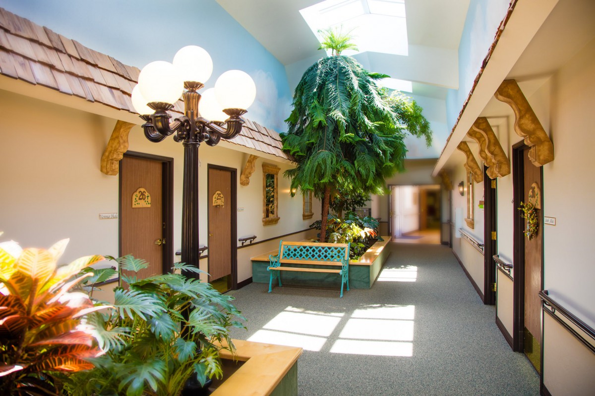 A bright indoor hallway featuring lush plants and benches under a skylight.