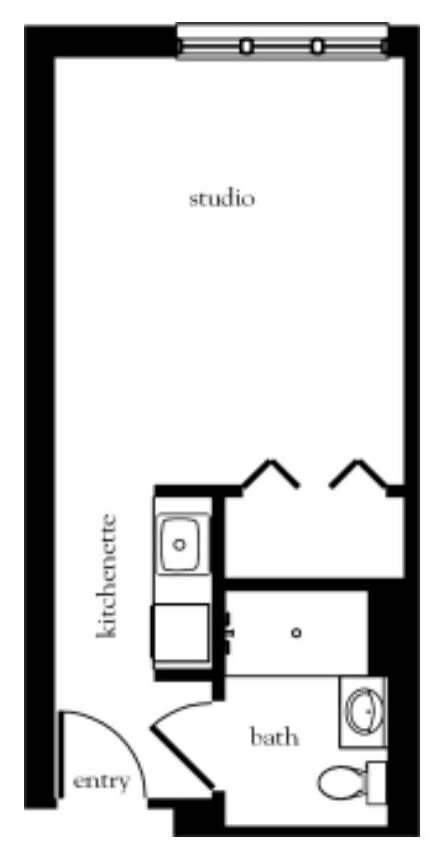 Floor plan of a studio apartment with a kitchenette and bathroom area.