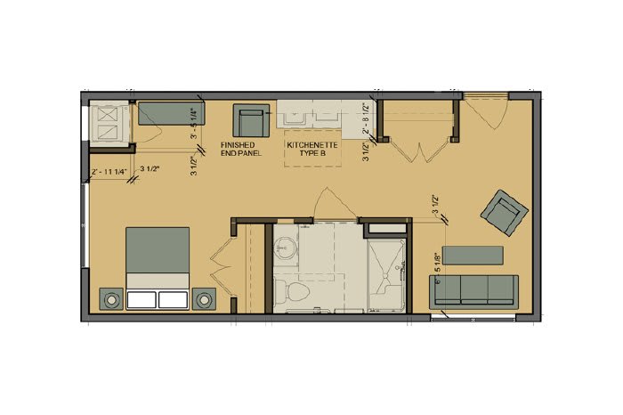 This image shows a detailed floor plan of an apartment, featuring rooms and furniture layout.