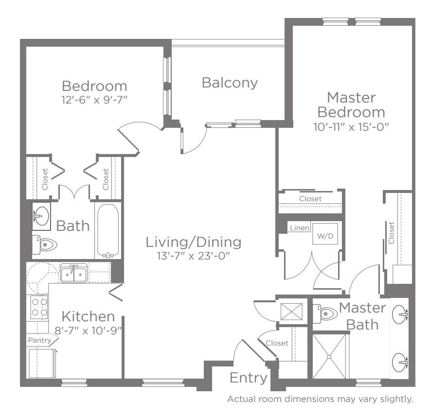 A floor plan featuring two bedrooms, two bathrooms, a kitchen, living/dining area, and a balcony.