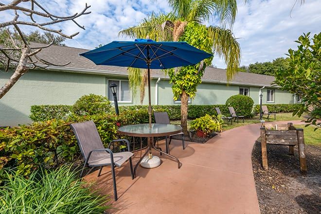 A cozy patio area with a table, chairs, and a blue umbrella surrounded by lush greenery.