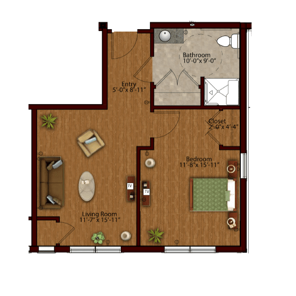 A floor plan depicting a cozy apartment with a living room, bedroom, and bathroom.