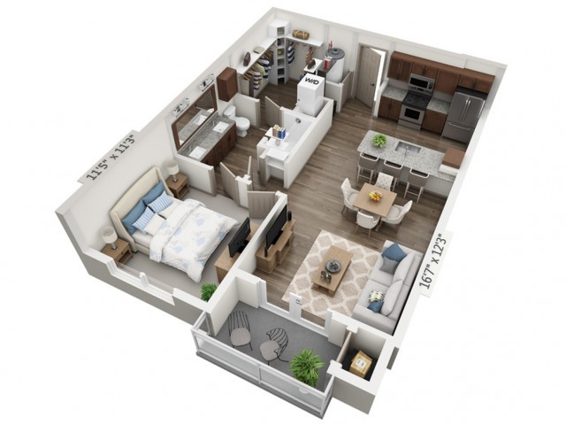 A 3D floor plan of a one-bedroom apartment featuring an open living area, kitchen, dining space, bathroom, and balcony.