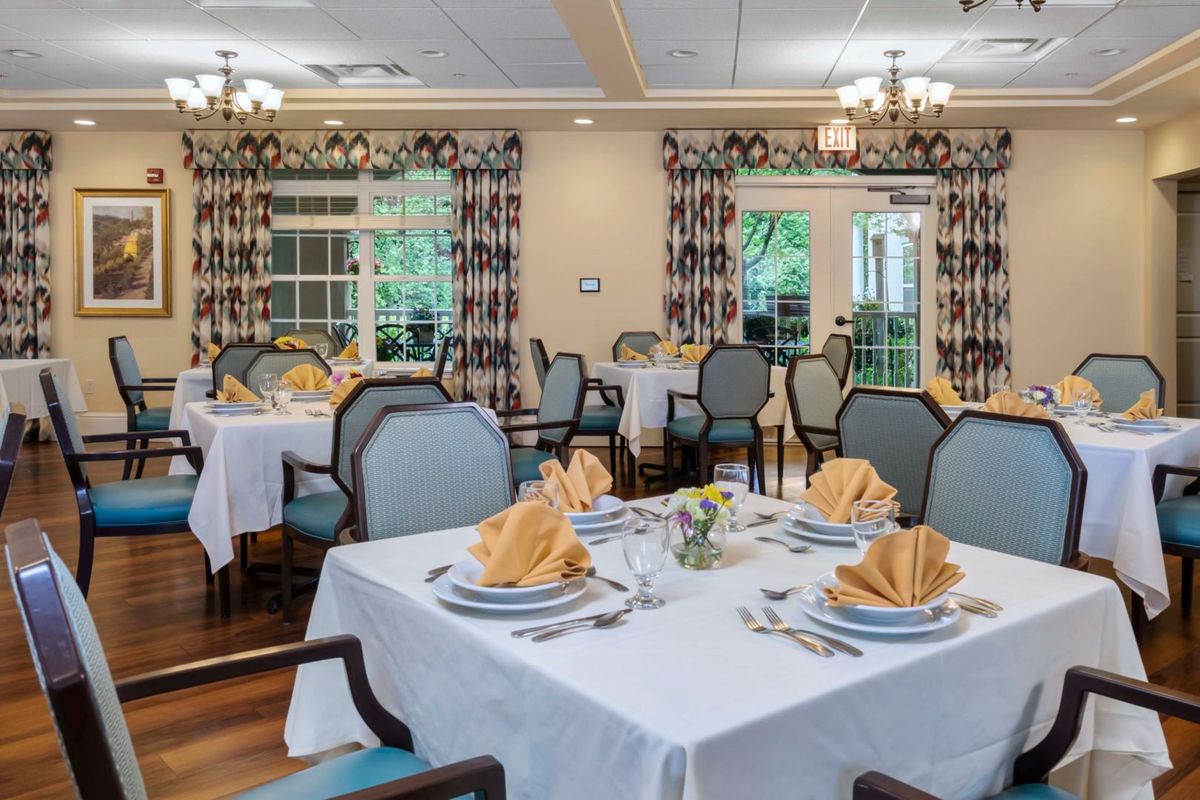 An elegantly set dining room with neatly arranged tables and chairs, featuring folded napkins and fine dinnerware.