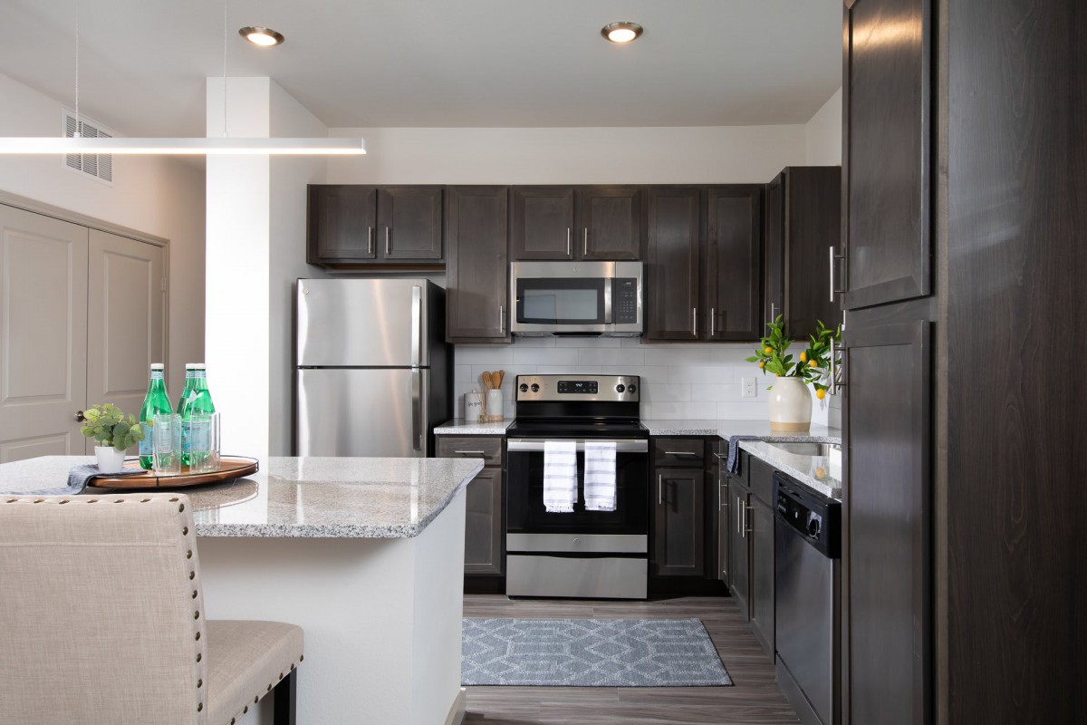 A modern kitchen with stainless steel appliances and dark cabinetry.