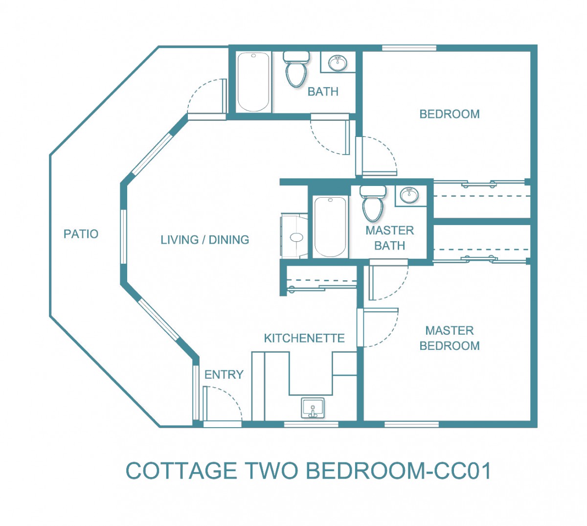 Floor plan of a two-bedroom cottage layout.