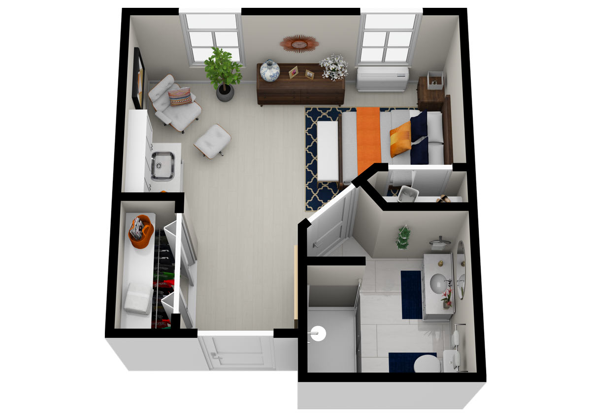 3D rendered floor plan of a 1-bedroom apartment with detailed interior layout.
