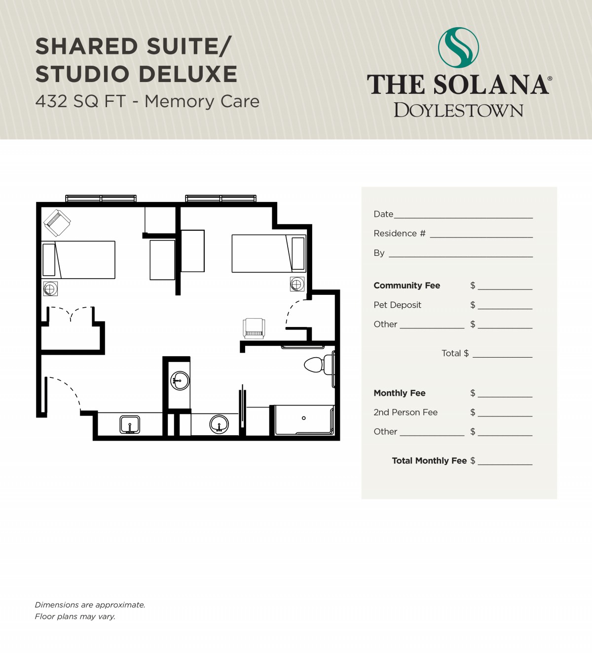 Floor plan of a Shared Suite/Studio Deluxe at The Solana Doylestown, designed for memory care.
