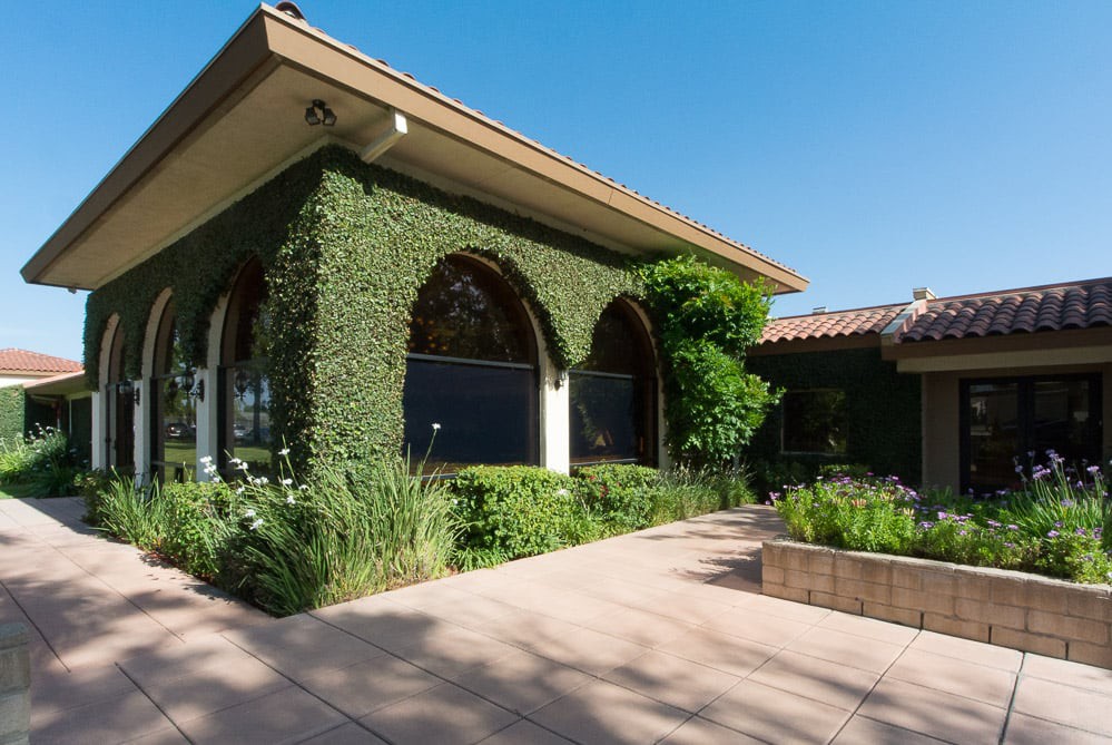A charming ivy-covered building with arched windows and lush landscaping.