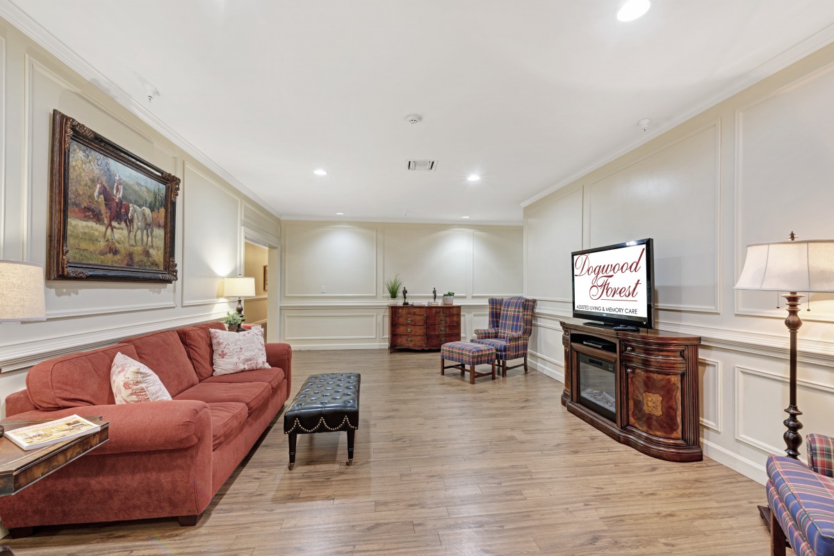 A cozy living room with modern decor, featuring a red sofa, wooden floors, and a television.