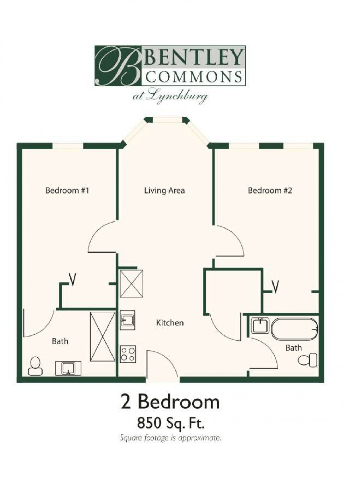 A floor plan of a two-bedroom apartment featuring a living area, kitchen, and bathroom.