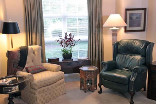 A cozy living room with two chairs, a lamp, and an indoor plant by the window.