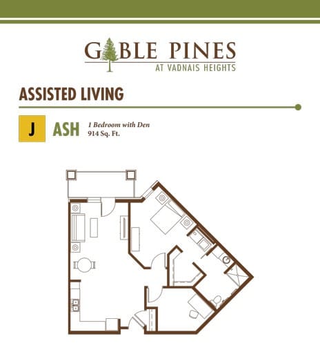 Floor plan for the J Ash assisted living apartment at Gable Pines, featuring a two-bedroom layout.