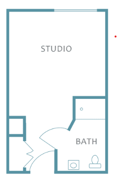 A simple floor plan of a studio apartment with an attached bathroom.