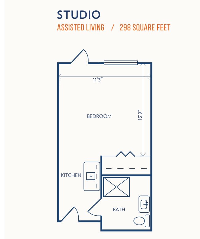 Floor plan of a 250 square feet assisted living studio apartment.