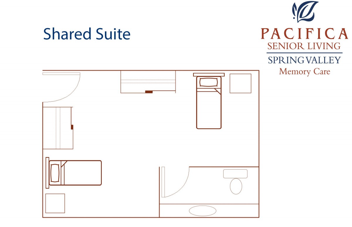 A floor plan for a shared suite at a senior living facility, showing room layout and furniture placement.
