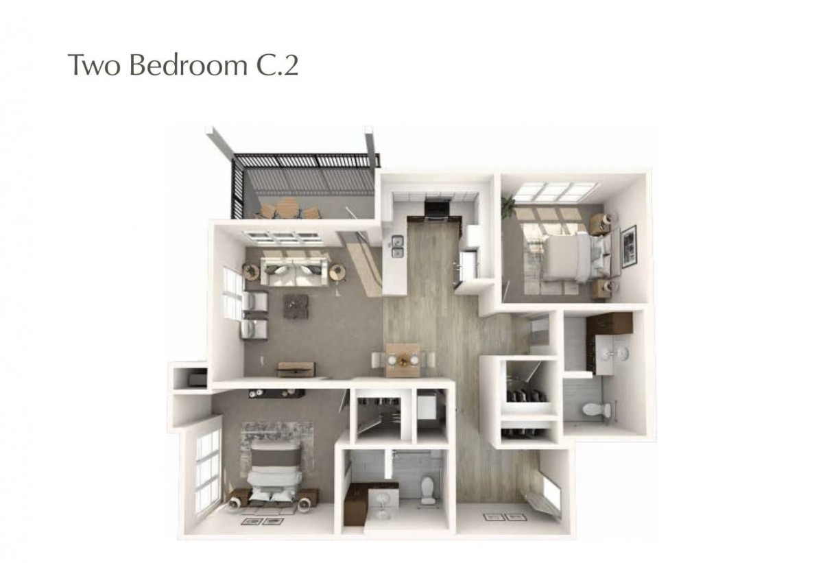 A detailed floor plan of a modern apartment with labeled rooms and open layout.