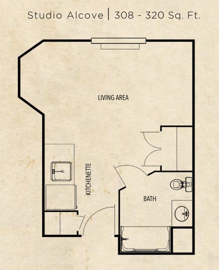 Studio apartment floor plan with kitchen, living area, and bathroom.