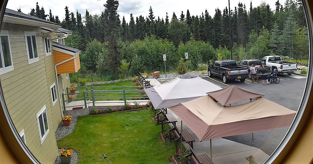A view of a patio area with umbrellas surrounded by lush greenery and trees, with a vehicle parked nearby.
