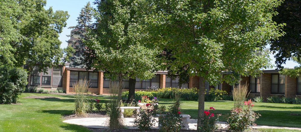 A tranquil garden setting with lush trees and a bench near a building.