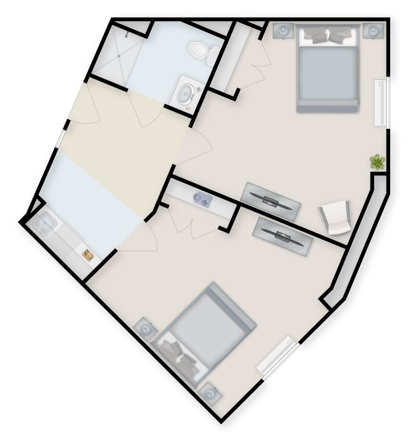 A 3D floor plan of an apartment showing two bedrooms and a living area.