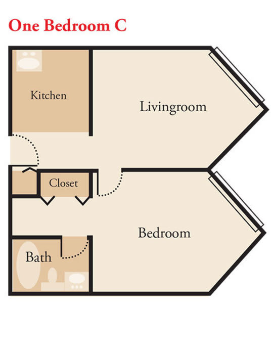 One-bedroom apartment floor plan with a kitchen, living room, bathroom, and closet.