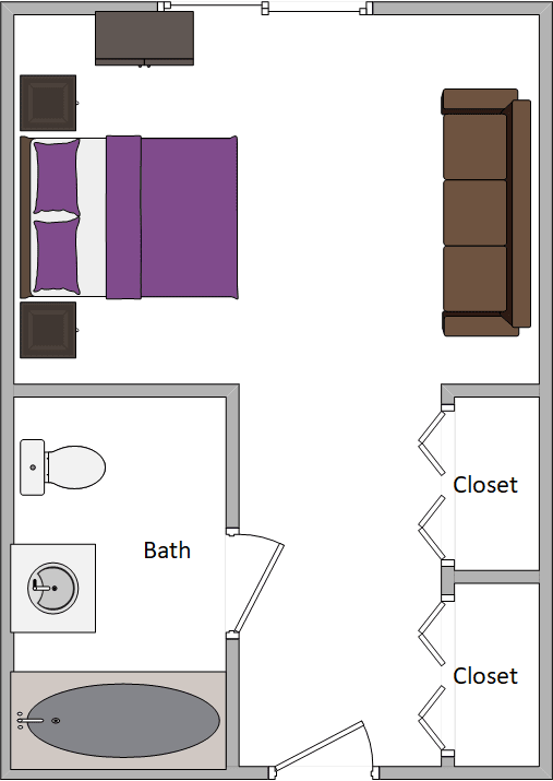 A simple floor plan showing a bedroom with adjacent bathroom and closet.