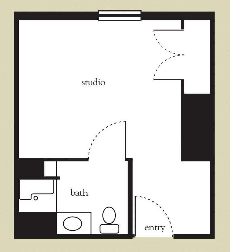 A floor plan of a studio apartment, featuring an entryway, bathroom, and main studio area.