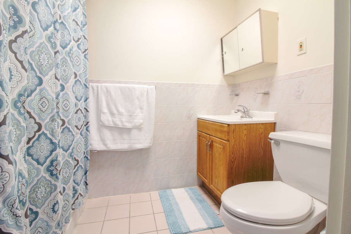 A modern bathroom featuring a shower curtain, toilet, sink with wooden cabinet, and a bath mat.
