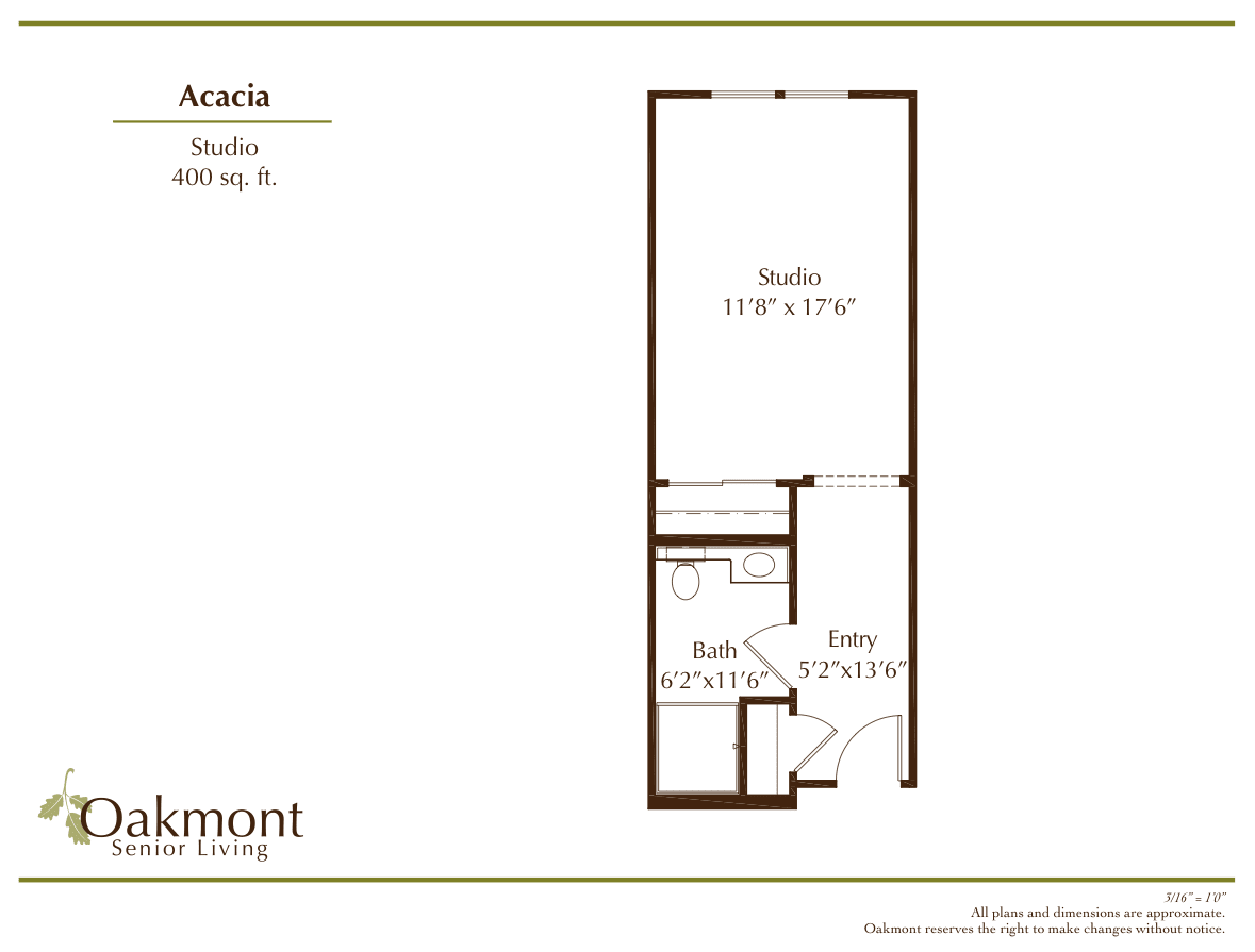 A studio apartment floor plan with labeled dimensions and areas.