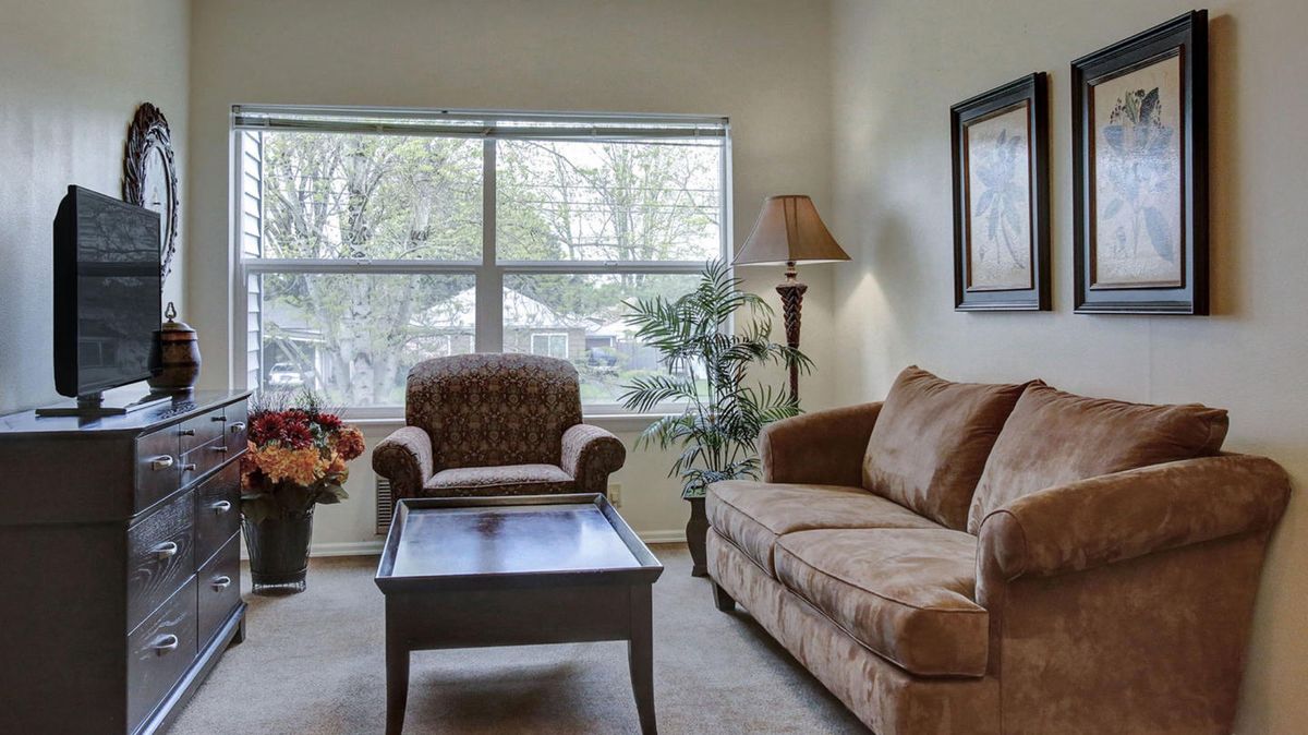 A cozy living room featuring a sofa, armchair, and a coffee table, illuminated by natural light from a large window.