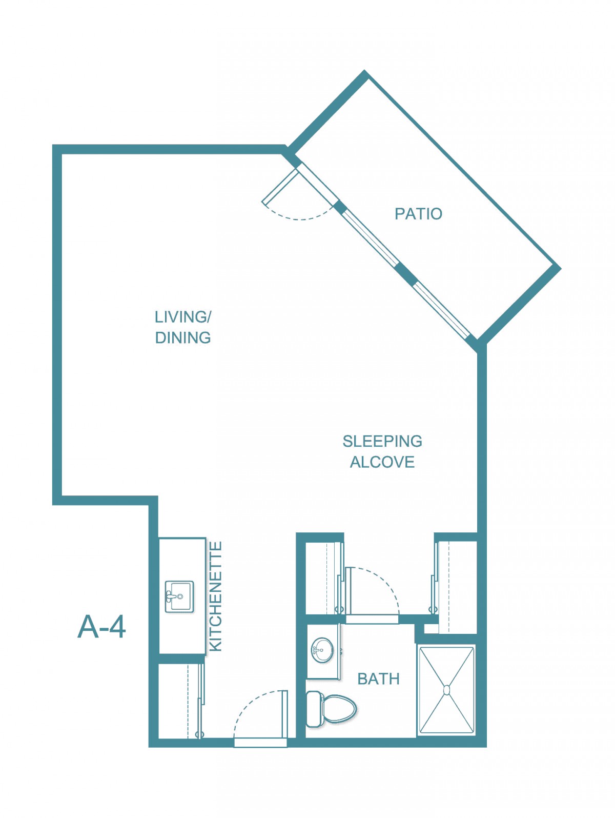 Studio apartment floor plan with a living/dining area, sleeping alcove, kitchen, bathroom, and patio.