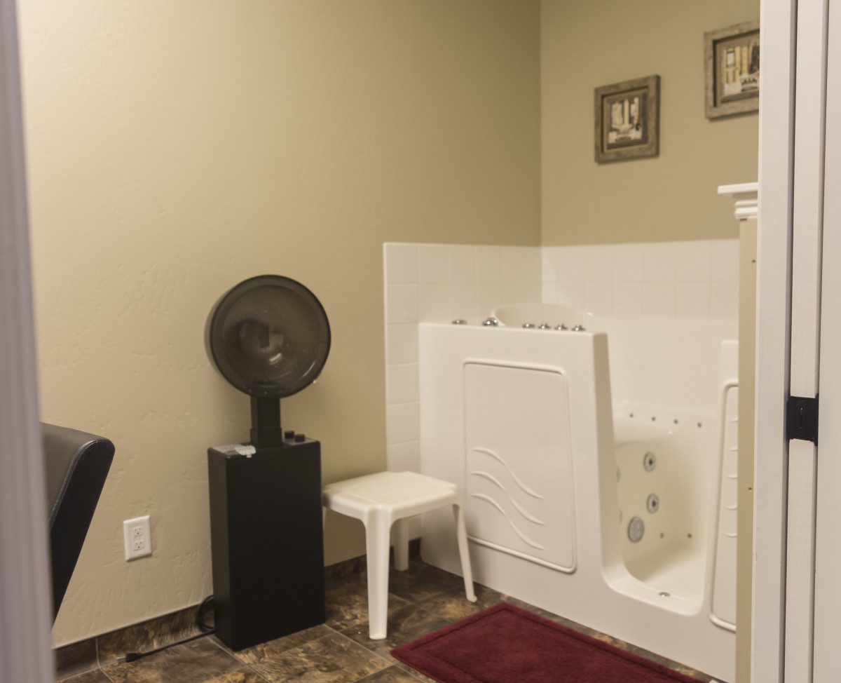 A bathroom with a walk-in bathtub, small fan, and white chair.