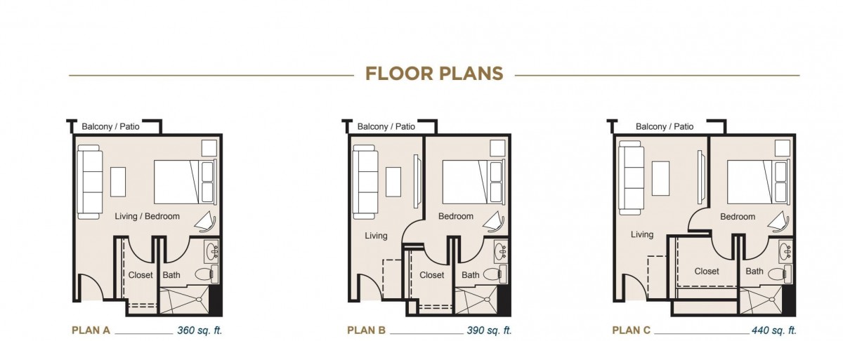 A floor plan of a one-bedroom apartment, including a living room, bathroom, closet, and balcony.