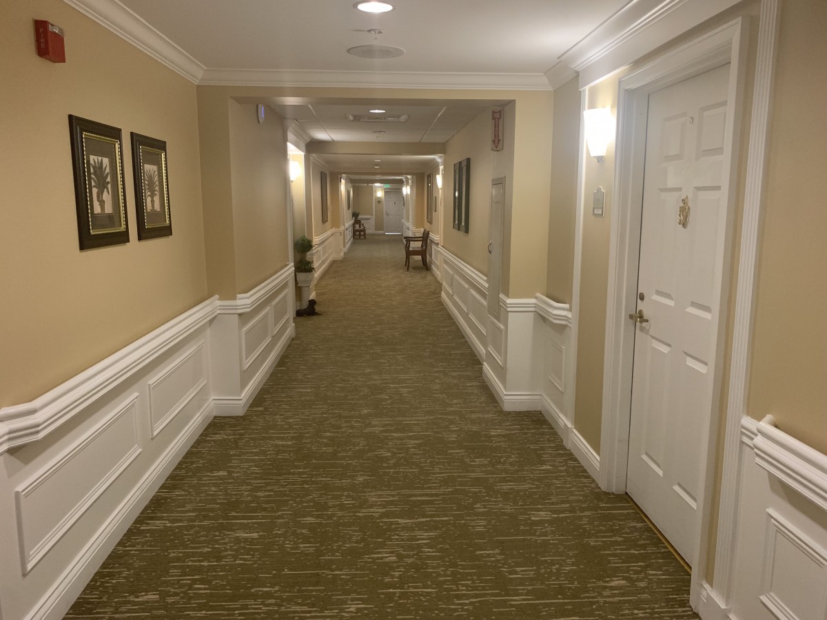 A brightly lit hotel hallway with carpeted floors and framed artwork on the walls.