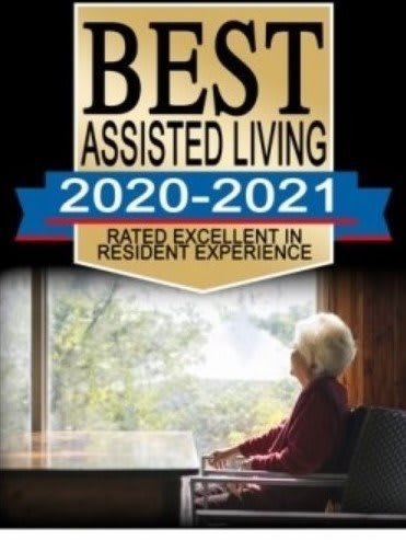 A promotional banner for a facility recognized as the 'Best Assisted Living' for 2020-2021.