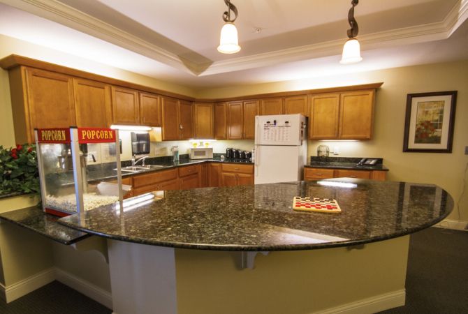 Modern kitchen with granite countertops and wooden cabinets.