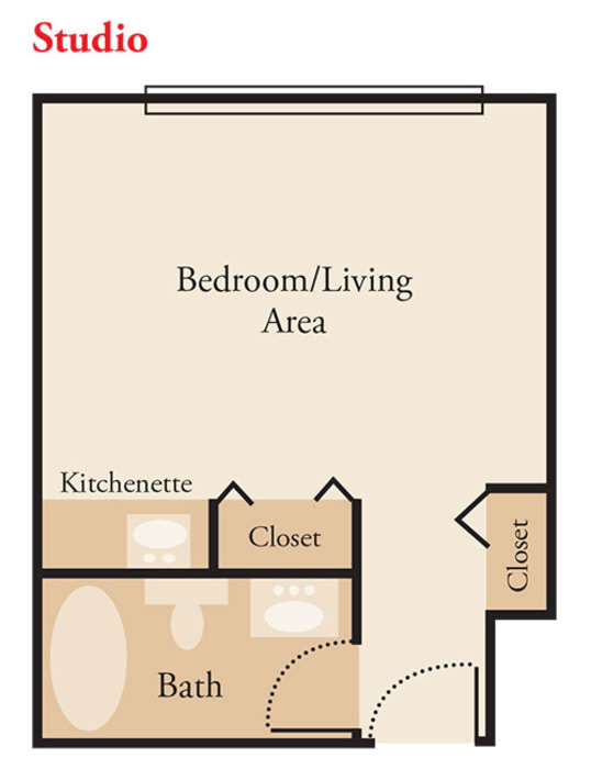 Floor plan of a studio apartment featuring a combined bedroom/living area, kitchenette, and two closets.