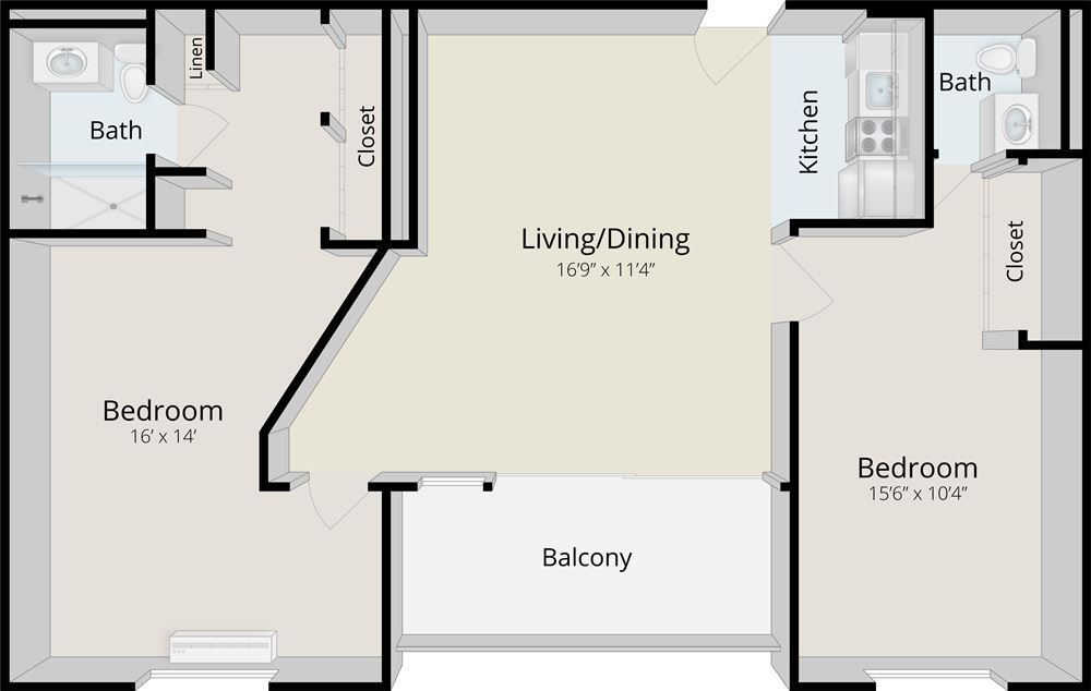 Apartment floor plan showing layout with living/dining area, kitchen, bedroom, bathroom, and balcony.
