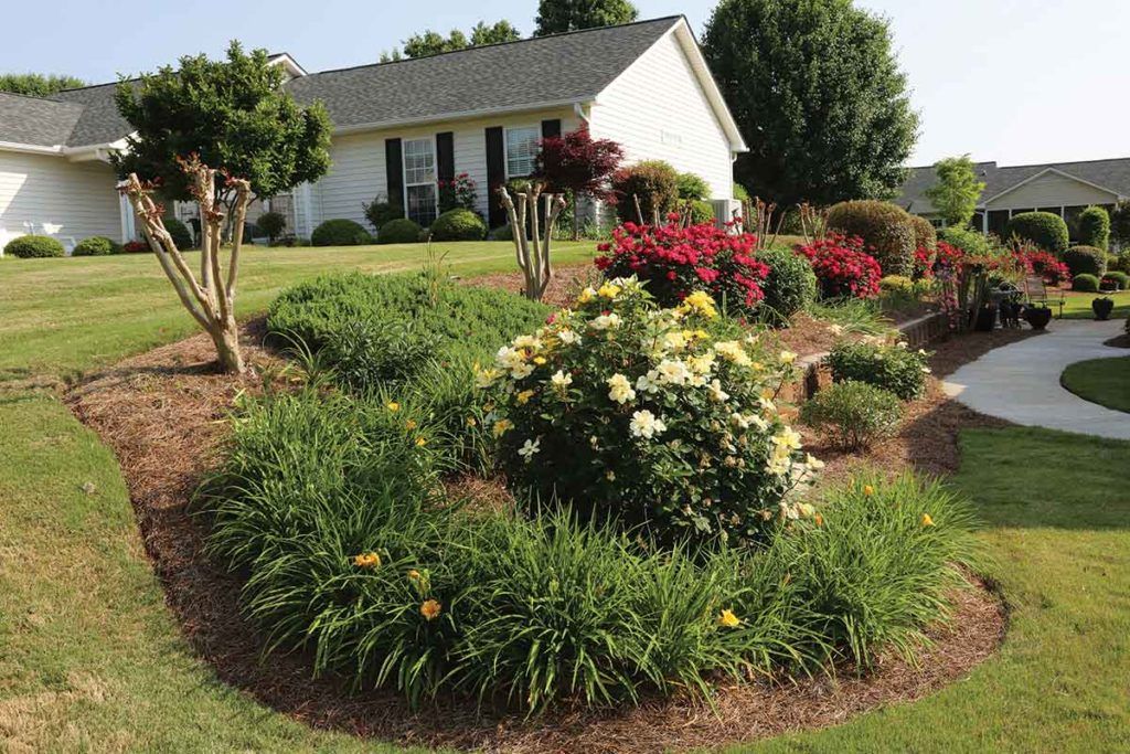A beautifully landscaped garden with various flowers and shrubs in front of a house.